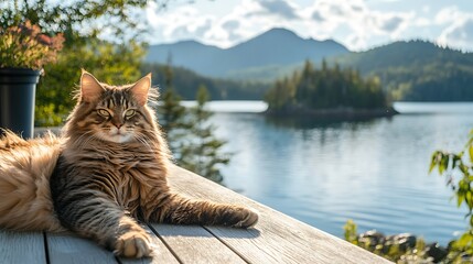 Obraz premium Relaxing Tabby Cat on Wooden Deck Overlooking Mountain Lake