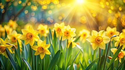 Sunny Daffodil Field: High-Resolution Spring Garden Photography, Bright Yellow Flowers, Shallow Depth of Field, Blooming Daffodils, Springtime Nature