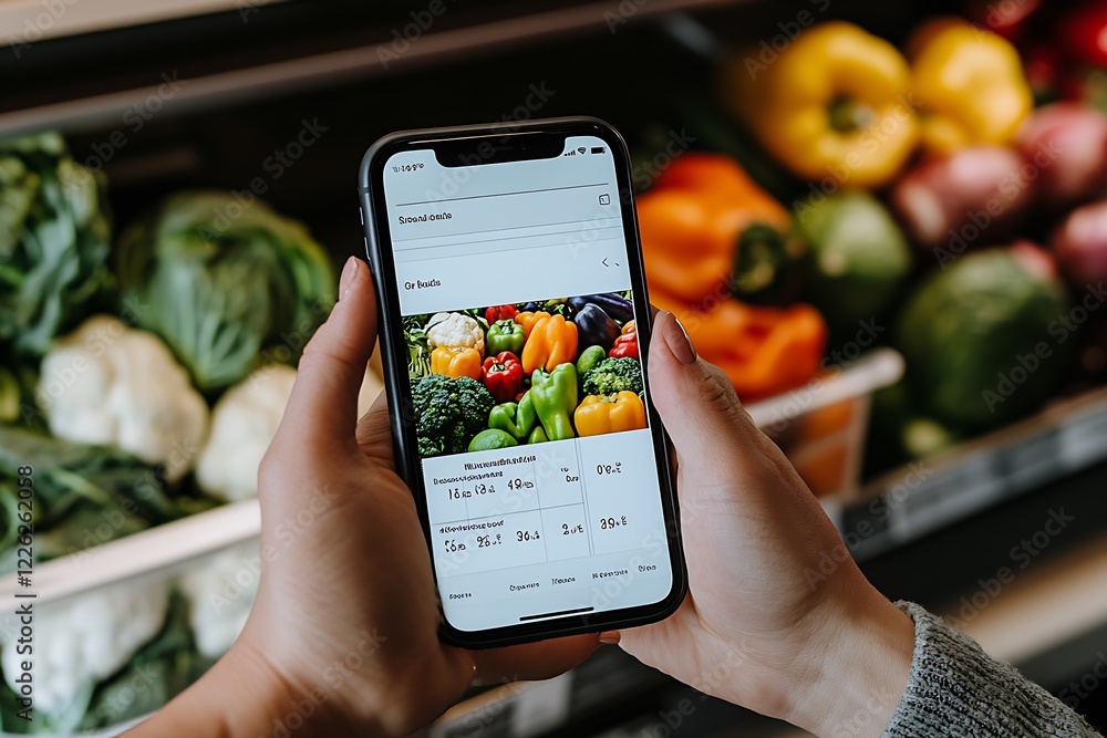Aufkleber online vegetable shopping app displayed on smartphone against grocery store backdrop : generative ai