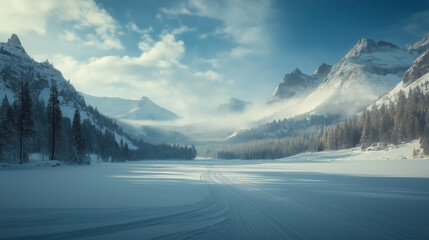Snow-covered landscape with mountains in the background, scattered trees, and a clear blue sky with fluffy white clouds. Generative AI