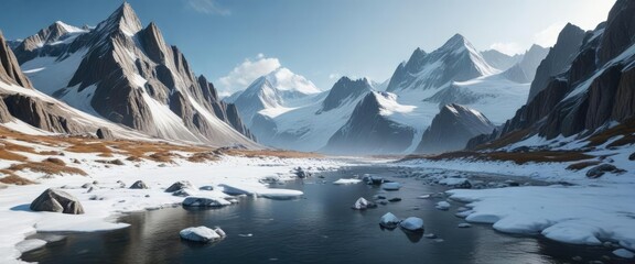 Glaciated mountain range with snow-covered peaks and icy rivers , frosty environment, frozen landscape