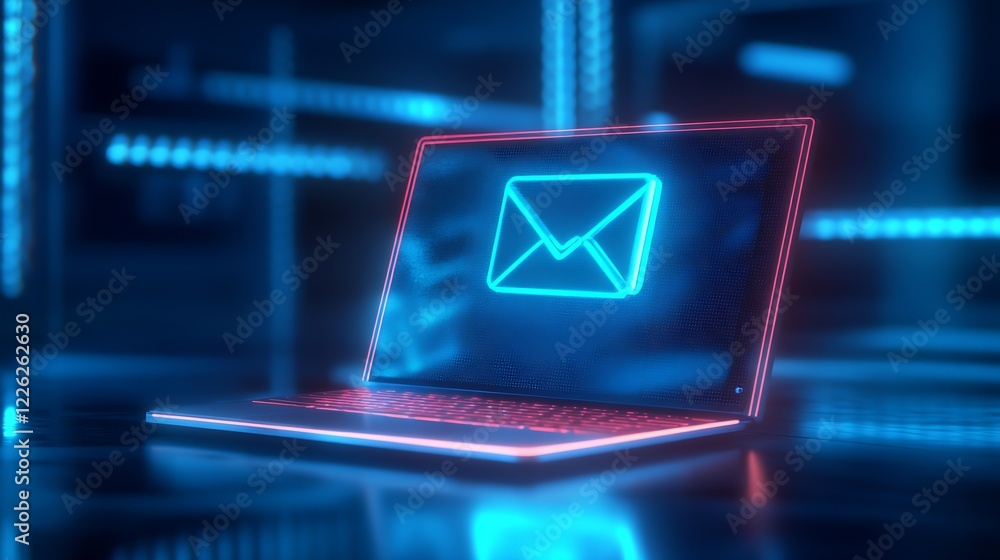 Poster futuristic neon-glowing computer with email icon in a blue server room environment : generative ai