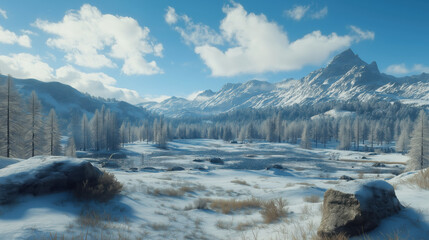 Snow-covered landscape with mountains in the background, scattered trees, and a clear blue sky with fluffy white clouds. Generative AI