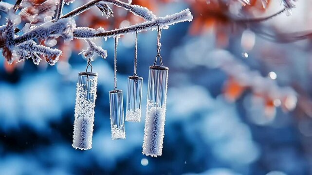 Frost-covered wind chimes hanging from a tree branch in a snowy landscape with blurred background