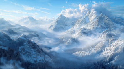 Snow-covered landscape with mountains in the background, scattered trees, and a clear blue sky with fluffy white clouds. Generative AI