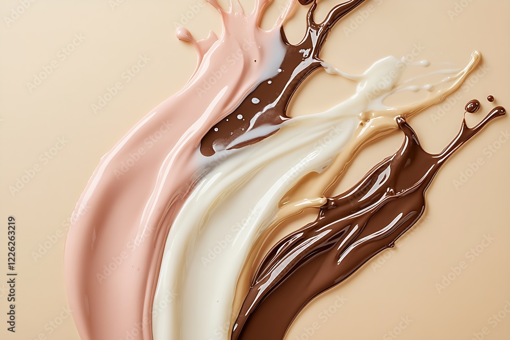 Poster fluid swirls of chocolate strawberry and vanilla cream creating artful patterns : generative ai