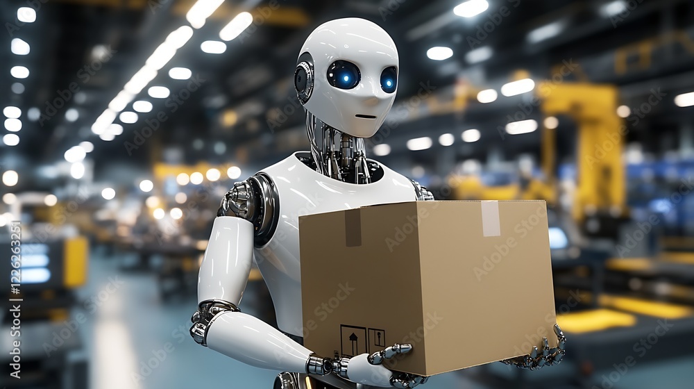Poster futuristic artificial intelligence robot carrying box in warehouse environment : generative ai