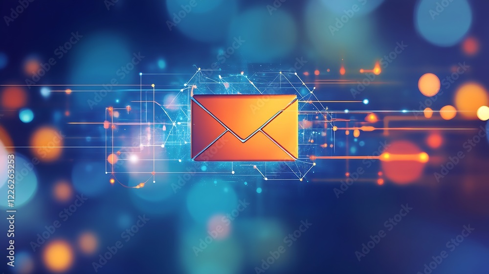 Poster futuristic email icon with digital abstract lines and vibrant light effects : generative ai