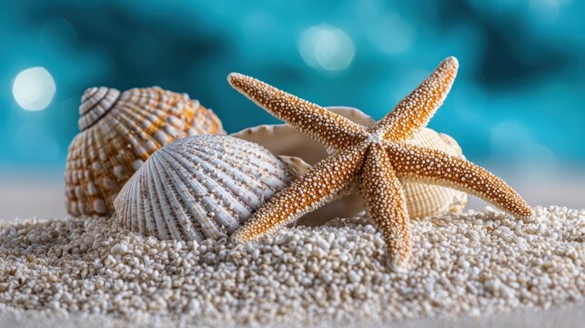 A collection of seashells and a starfish on sandy beach with a blurred blue background. - Powered by Adobe