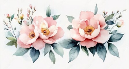 Fototapeta premium Watercolor Floral Arrangement Soft Pink Peonies Delicate Leaves Elegant Romantic Design