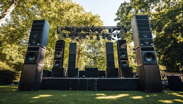 Outdoor Concert Stage Setup: Powerful Speakers and Sound System for an Amazing Music Experience in a Lush Green Park Setting