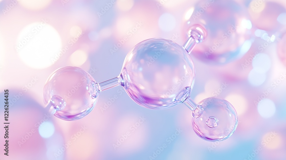 Poster molecular design structure with shiny spheres in blue and pink for chemistry and science visuals : g