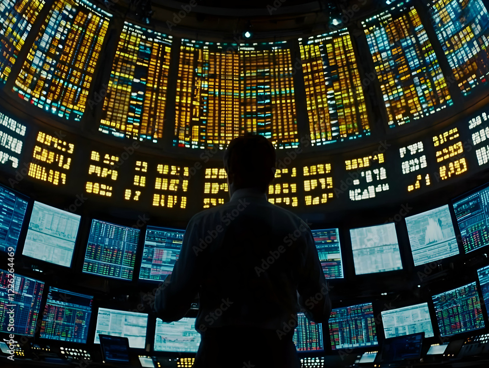 Poster trader analyzes market data on screens