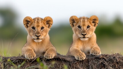 Obraz premium Two cute lion cubs sit side by side on a dirt mound in the African savanna during the day.