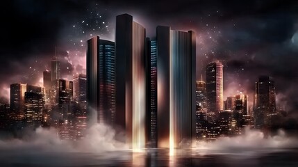 Obraz premium Futuristic City Nightscape Glowing Skyscrapers and Fog