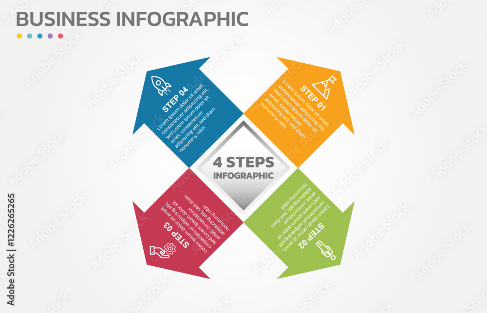 Poster Visual data presentation. Cycle diagram with 4 options. Pie Chart Circle infographic template with 4 steps, options, parts, segments. Business concept. Marketing infographic vector illustration.