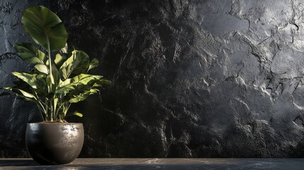 A Single, Lush Green Plant In A Dark Gray Pot Sits Against A Textured Black Wall. The Scene Is Moody And Stylish.