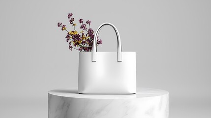 White tote bag with dried flowers on marble pedestal.