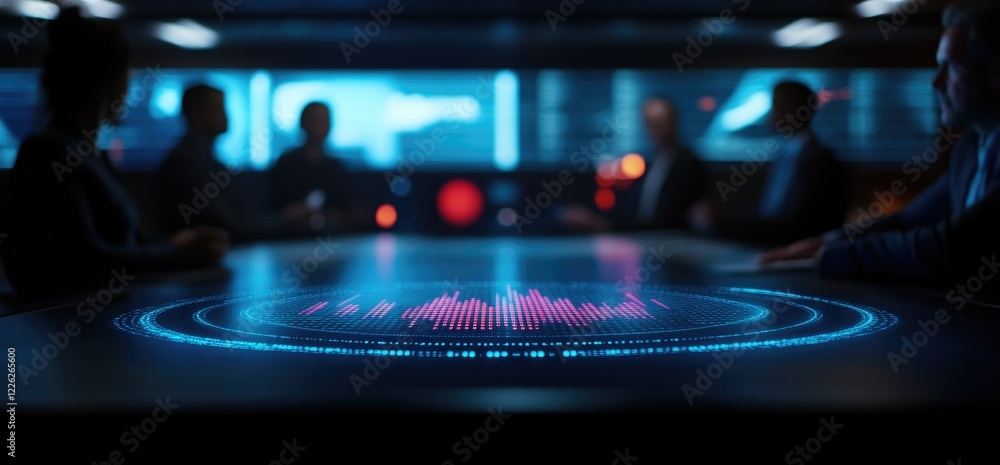 Aufkleber data analysis meeting futuristic tech table displays graphs; blurred executives in background