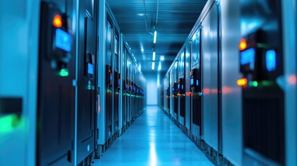 Fototapeta premium Data center server room aisle, network technology infrastructure, glowing lights, digital storage