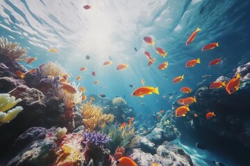 Vibrant coral reef teeming with orange fish. Perfect for travel, nature, or ocean-themed projects.