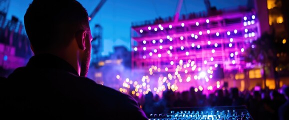 DJ at outdoor concert, city lights background, music festival