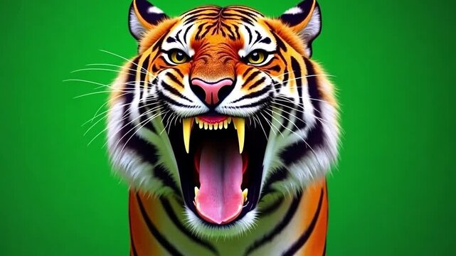 Roaring Tiger Close Up: A majestic tiger with striking orange and black stripes bares its teeth in a powerful roar against a vibrant green background.