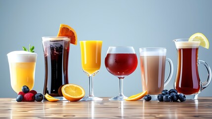 Drinks: Coffee cups, wine glasses, smoothies or water bottles, png style without background
