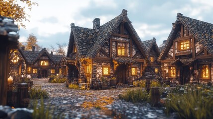 Obraz premium A quaint medieval village street at twilight