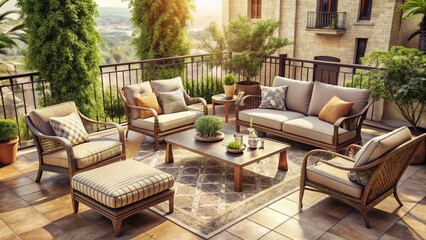 Fototapeta premium Vintage Patio Furniture: Relaxing Outdoor Lounge Set, Balcony Seating, Retro Garden Furniture
