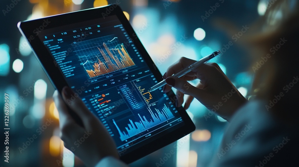 Aufkleber a person analyzes business data using a digital tablet with graphs and charts