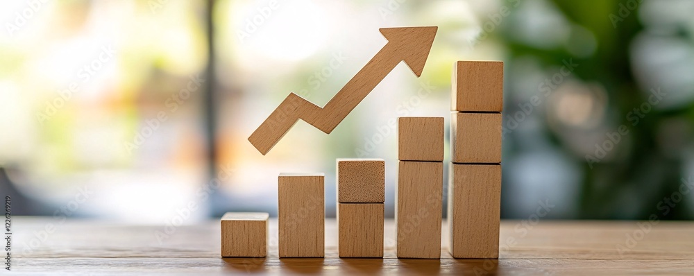 Poster wooden blocks creating a rising chart with an upward arrow indicating business advancement