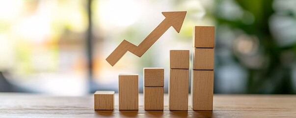 Wooden blocks creating a rising chart with an upward arrow indicating business advancement