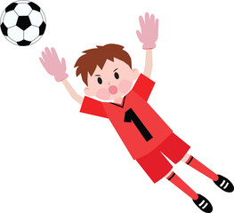 A boy playing soccer wearing red jerseys. Goalkeeper. Jumping. Vector illustration