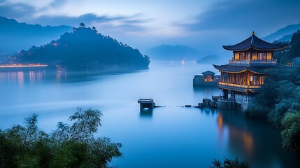 Fototapeta premium Serene Twilight at the Lake Pavilion: A Breathtaking View of Misty Mountains and Tranquil Waters