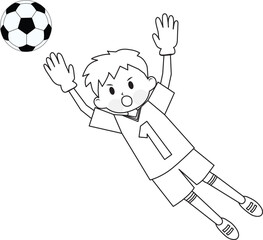 Line drawing of a boy playing soccer. Goalkeeper. Jumping. Vector illustration