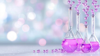 Pink liquid in lab flasks, bokeh background, scientific research