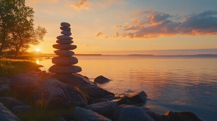 Serene Sunset Over Calm Lake with Balanced Stone Towers at Shore