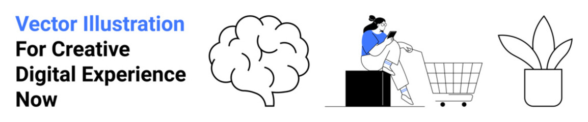 Brain outline symbolizing creativity, woman browsing on phone, shopping cart, and indoor plant. Ideal for tech innovation, e-commerce, digital marketing, online creativity, mental productivity