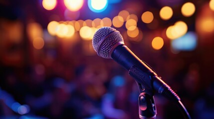 Dynamic microphone at the forefront of a lively performance before an engaged crowd