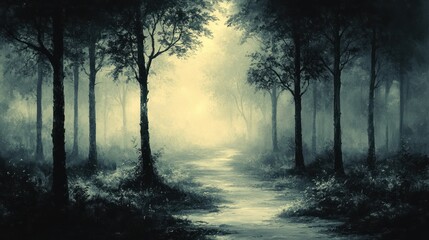Serene Forest Landscape in Ink Wash Style with Fog and Soft Lighting