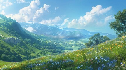 Fototapeta premium 明るい夏空の下の緑の丘の眺め14