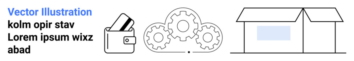 Wallet holding credit cards, central cloud with cogwheels, house outline representing home. Ideal for finance, cloud computing, home improvement, technology, banking, real estate construction
