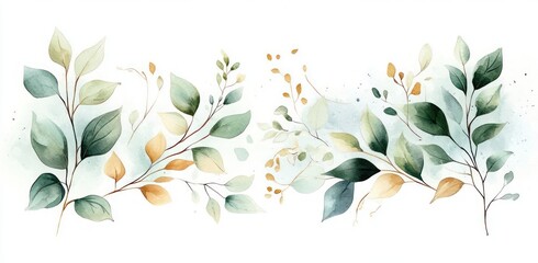 Botanical Watercolor Illustration Green and Gold Leaves Delicate Design for Wedding Invitation and Greeting Card