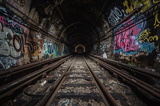A dark, abandoned subway tunnel with graffiticovered walls and rusty train tracks extending into the distance. A distant light is visible at the tunnels end. Urban decay and exploration theme. - Powered by Adobe