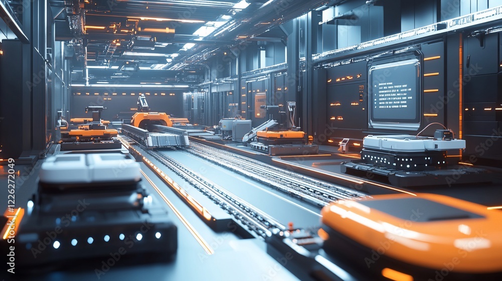Poster futuristic industrial scene with automated robotic arms on a rail system in a factory