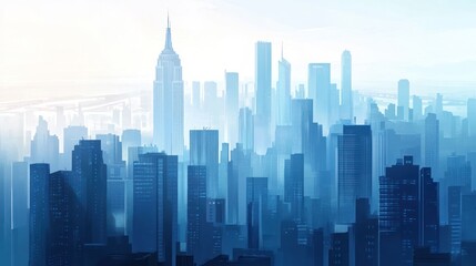 Misty city skyline at sunrise.