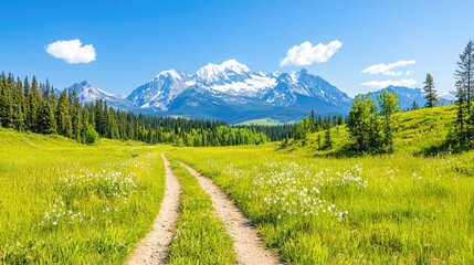 Obraz premium Mountain meadow trail, wildflowers, sunny day, background mountains. Use Travel brochure, calendar
