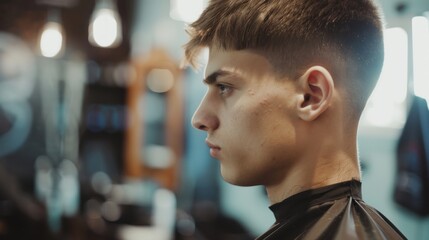 Portrait of handsome man with fashionable haircut in barbershop, AI generated image