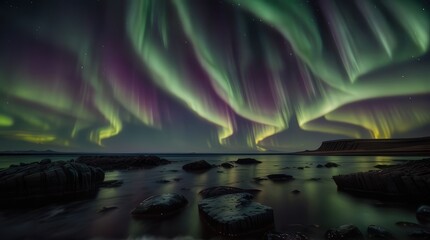 Sweeping green and purple northern lights cascade over a peaceful coastal landscape, with rocky shores and still waters reflecting the vibrant aurora in a magical, dreamlike night setting.